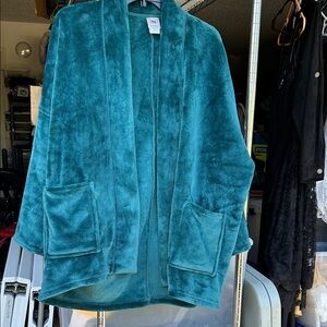 Natori Plush Teal Open-Front Teddy Jacket